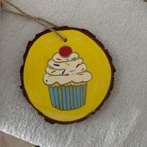 Cupcake Wooden Ornament with Yellow Background